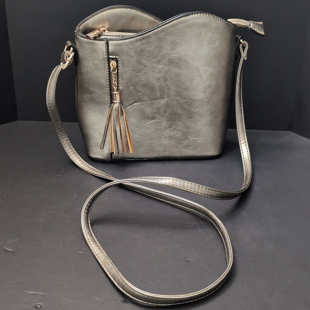 Darlings Metallic Gray Vegan Leather Small Hobo/Crossbody Bag.
